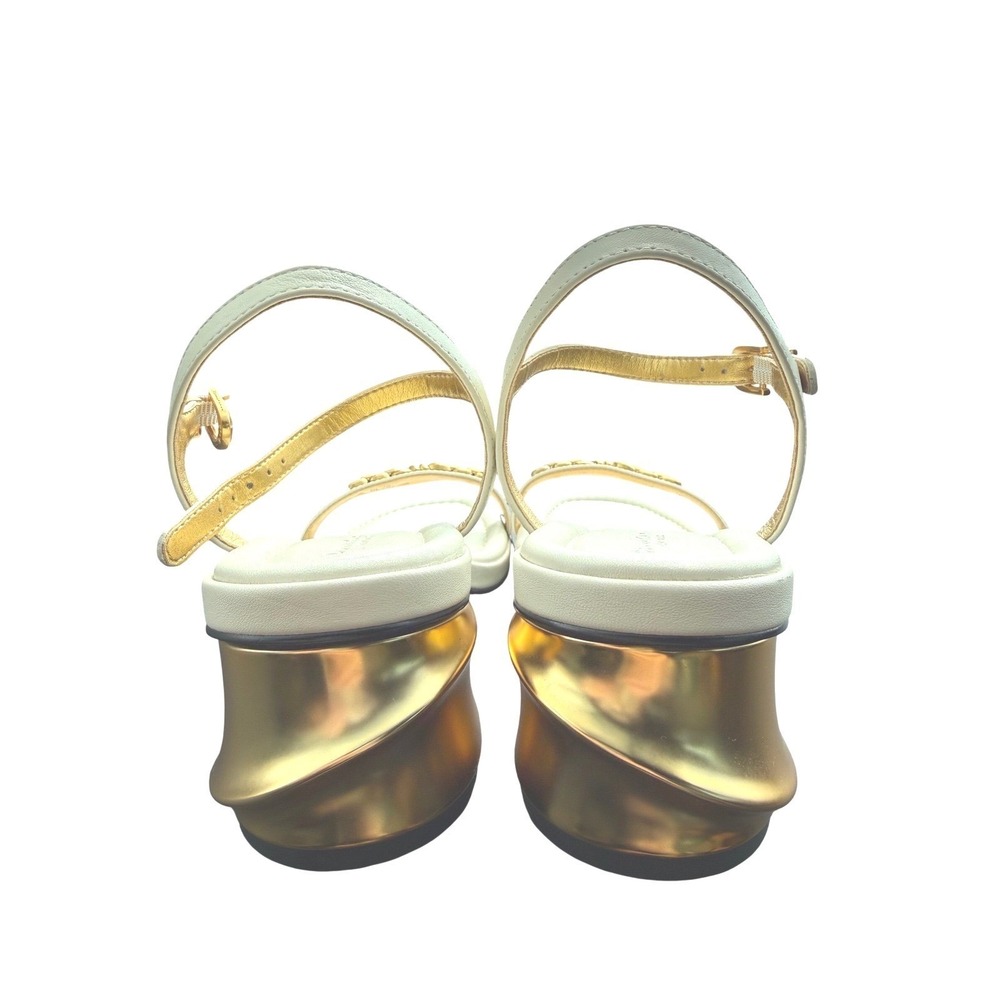 Donna Karan New York Trisha White Leather Gold Chain Sculptural Heel Sandals 10M - Picture 5 of 7